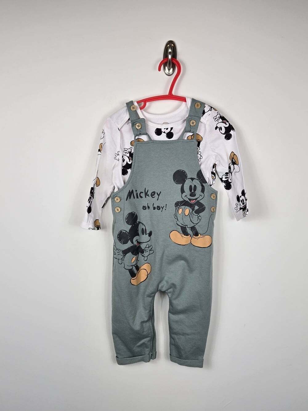 Disney Baby Mickey Mouse 12-18M Overalls & Long Sleeve Shirt 2 Piece Set